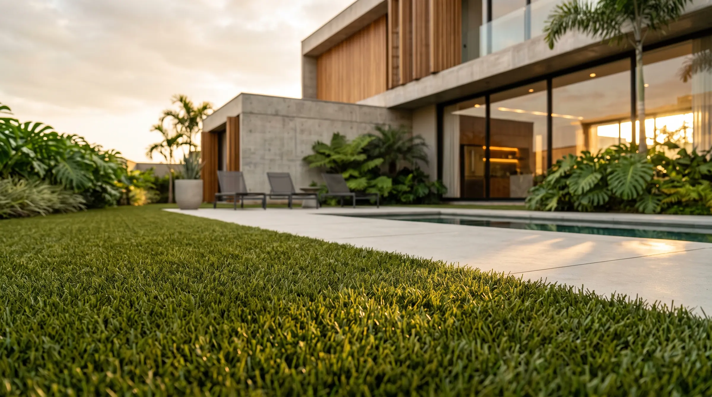 Jardim de casa contemporânea com gramado sintético ao lado da piscina, ao entardecer