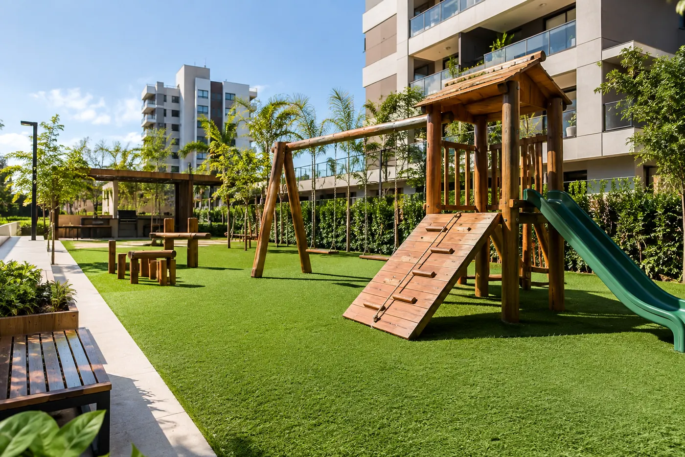 Playground de condomínio com piso de grama sintética