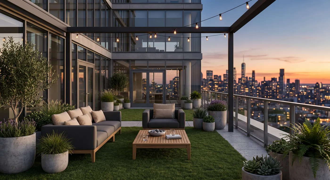 Rooftop com grama sintética, sofás e vista da cidade ao pôr do sol